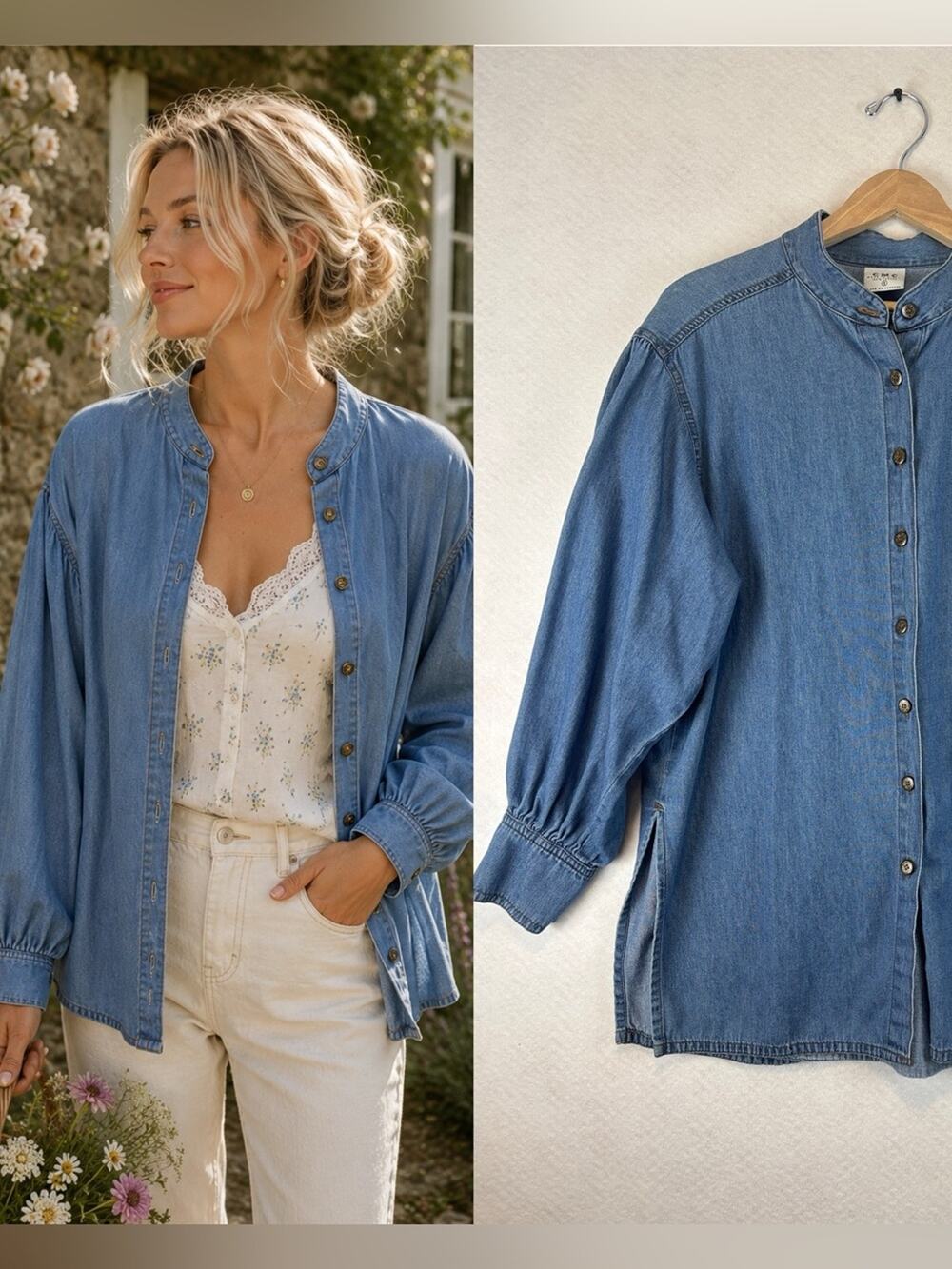 CMC Cottagecore Chambray Denim Button Front Blouse Balloon Sleeve Shirt Small